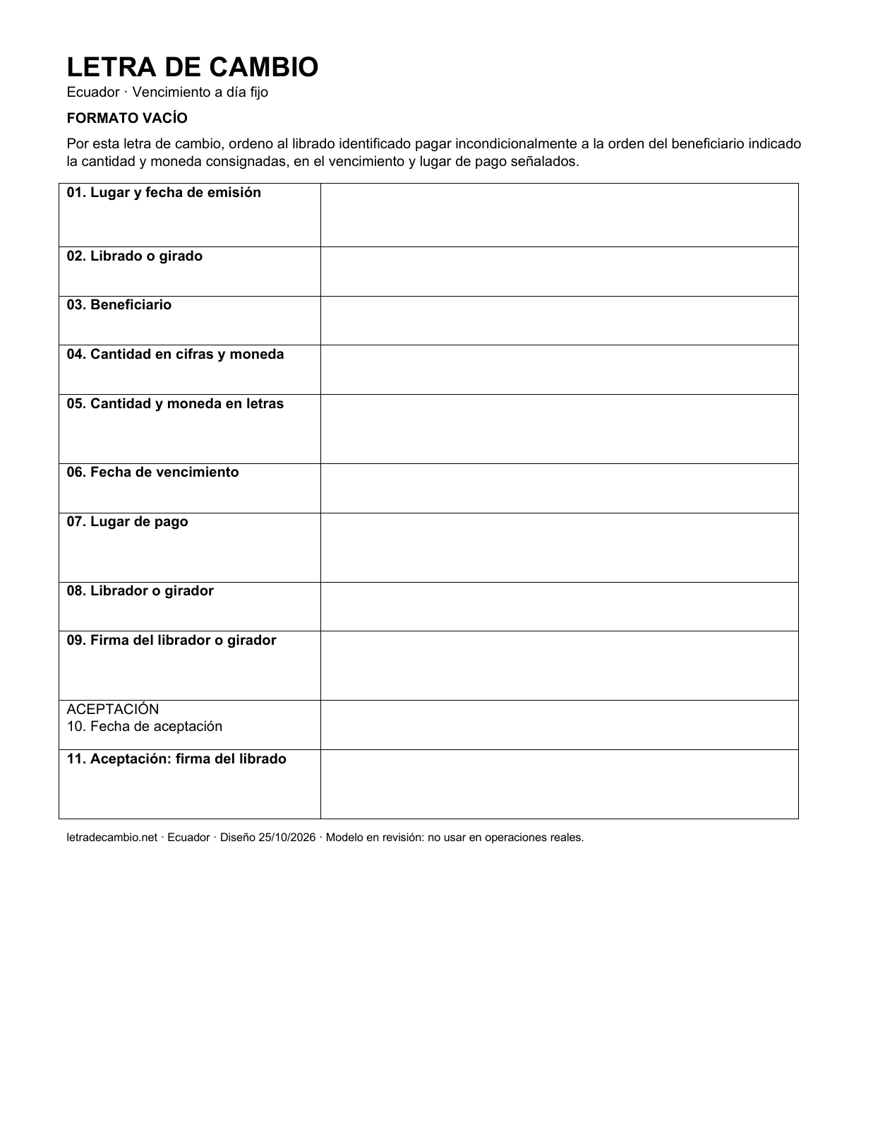 Documento real: letra de cambio de Ecuador vacía, con once campos numerados.