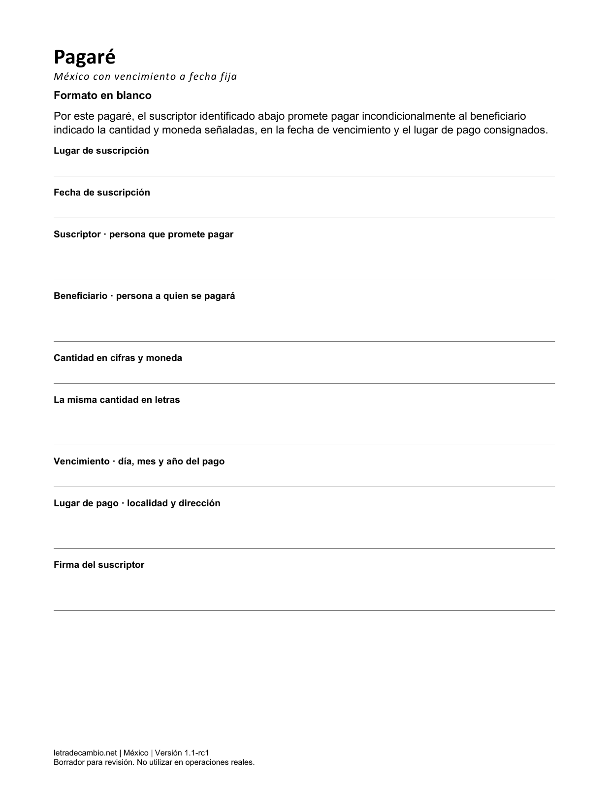 Formato vacío del pagaré mexicano, documento completo de una página